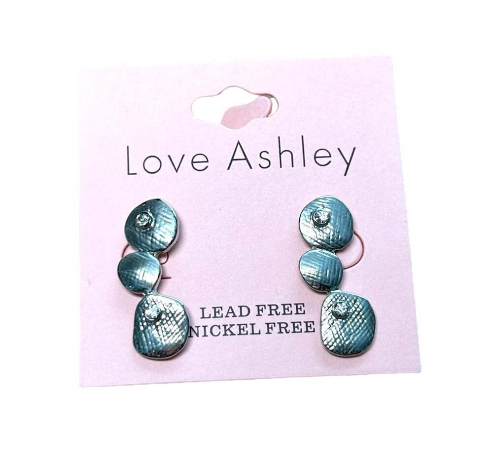 NEW Love Ashley Dangle Silver Tone Textured Pierced Earrings Rhinestone Detail